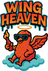 Wing Heaven mascot: a cartoon chicken with a halo and sunglasses holding a flaming hot sauce bottle