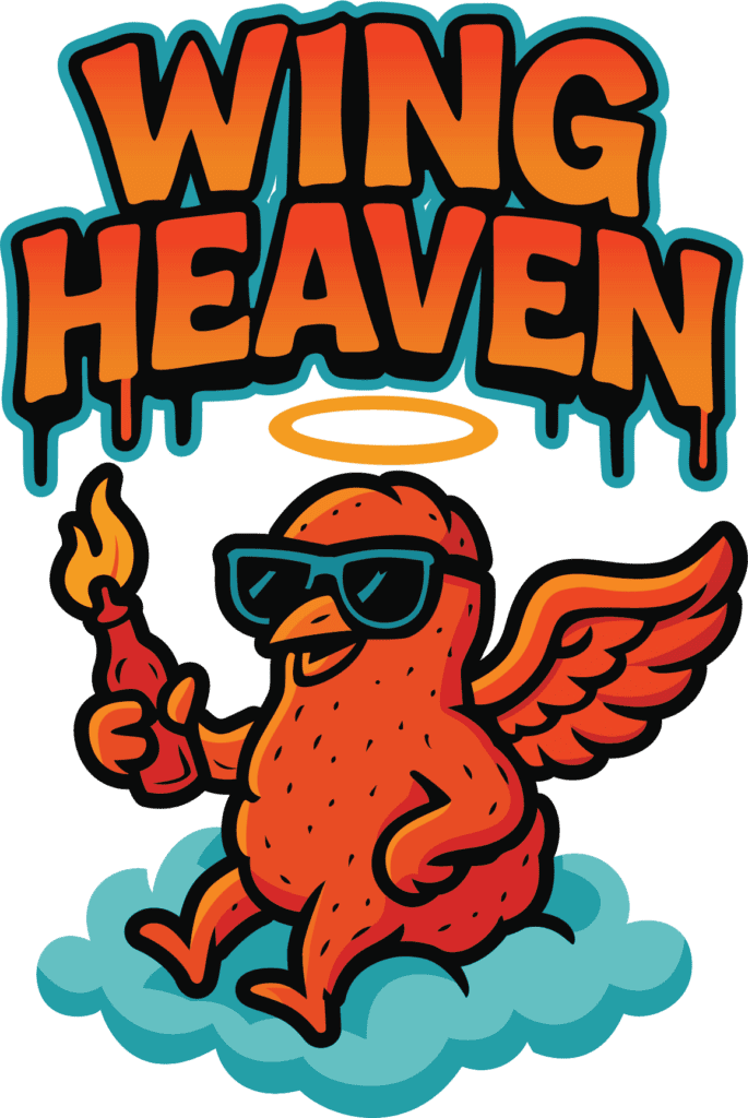 Wing Heaven mascot: a cartoon chicken with a halo and sunglasses holding a flaming hot sauce bottle