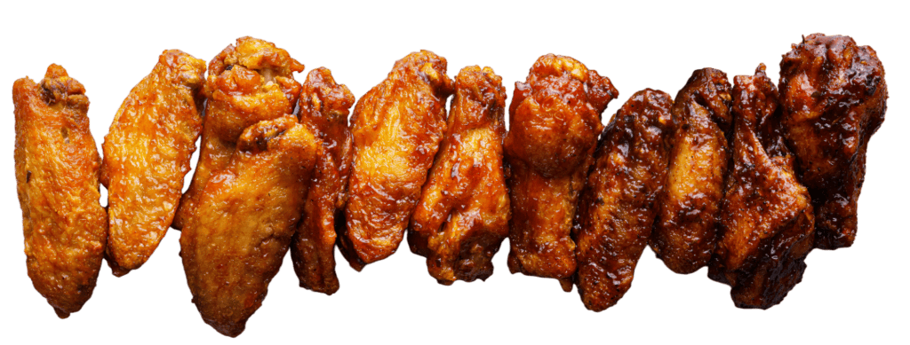A row of wings, from plain fried to dark glazed